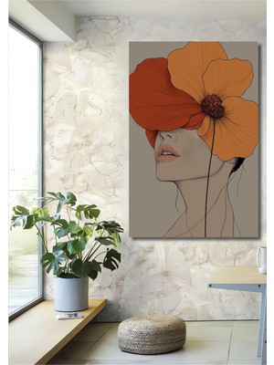 Teona Ahşap Turuncu Çiçek Kadın Portresi Yağlı Boya Görünümlü Modern Sanat Ahşap Dekoratif Tablo