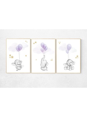 Ninastore Fil Bebek Odası Dekoru Kızı: Mor Balonlar, Altın Yıldızlar Baskısı