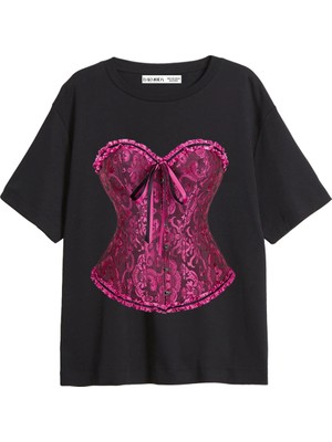 Cinema Moda Sassy Corset Baskılı Relaxed Fit Siyah Kadın Tshirt