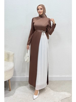 Tesettür Diyarı Henna Fiyonk Detaylı Krep Saten Tesettür Abiye- Kahverengi