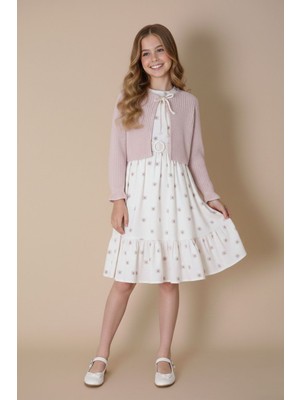 Cansın Mini Pembe Bolerolu Çiçek Desenli Kuşaklı Kız Çocuk Elbise Takımı  23504