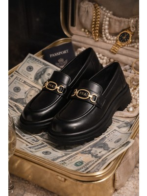 Slipcat Kadın Kalın Taban Ortopedik Comfort Taban Deri Görünümlü Loafer – Siyah