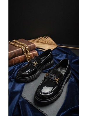 Slipcat Kadın Kalın Taban Ortopedik Comfort Taban Deri Görünümlü Loafer – Siyah