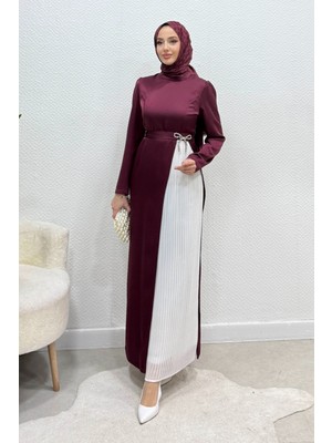 Tesettür Diyarı Henna Fiyonk Detaylı Krep Saten Tesettür Abiye- Bordo