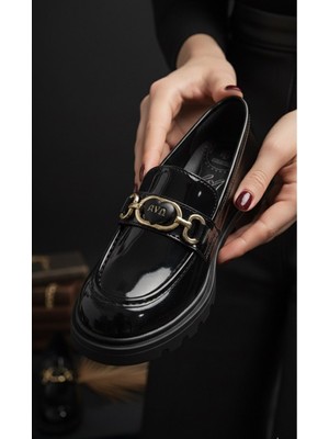 Slipcat Kadın Kalın Taban Ortopedik Comfort Taban Deri Görünümlü Loafer – Siyah