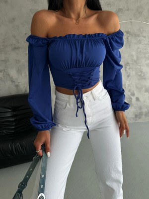 Qutta Kadın Balon Kol Bağlamalı Korse Görünümlü Madonna Yaka Dalgıç Kumaş Crop Bluz