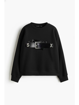 Sokak Butik Hot Belt Baskılı Kapüşonsuz Relaxed Fit Kadın Siyah Sweatshirt