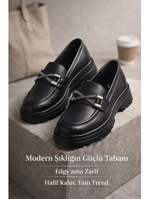 Slipcat Kadın Kalın Taban Ortopedik Comfort Taban Deri Görünümlü Loafer – Siyah