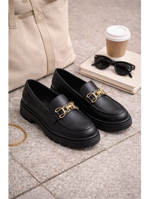 Slipcat Kadın Kalın Taban Ortopedik Comfort Taban Deri Görünümlü Loafer – Siyah