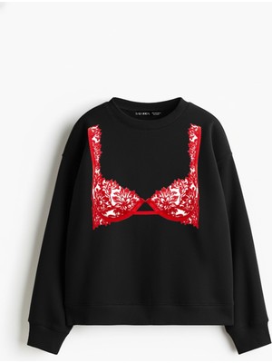 Sokak Butik Red Bra Baskılı Kapüşonsuz Relaxed Fit Kadın Siyah Sweatshirt