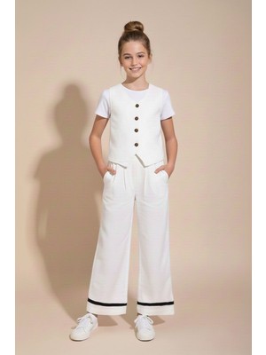 Cansın Mini Ekru Düğmeli Keten Yelekli Geniş Paça Pantolonlu Kız Çocuk Takım 23490