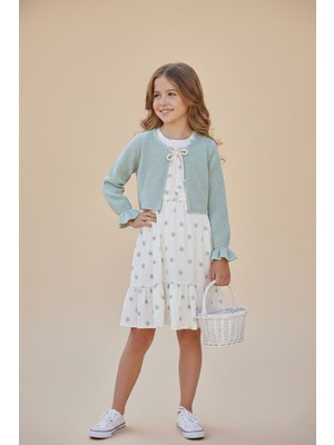 Cansın Mini Yeşil Bolerolu Çiçek Desenli Kuşaklı Kız Çocuk Elbise Takımı  23505