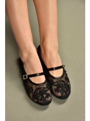 Fox Shoes Y726330115 Siyah Inci Detaylı File Kadın Babet