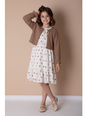 Cansın Mini Kahverengi Bolerolu Çiçek Desenli Kuşaklı Kız Çocuk Elbise Takımı  23506