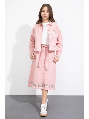 Cansın Mini Pembe Nakış Detaylı Jean Ceketli Kuşaklı Etekli Kız Çocuk 3lü Takım  23502