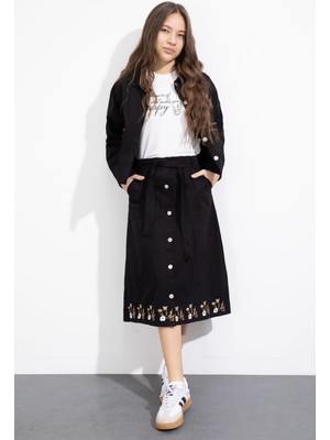 Cansın Mini Siyah Nakış Detaylı Jean Ceketli Kuşaklı Etekli Kız Çocuk 3lü Takım  23501