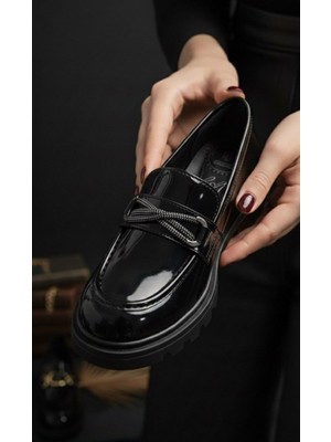 Slipcat Kadın Kalın Taban Ortopedik Comfort Taban Deri Görünümlü Loafer – Siyah