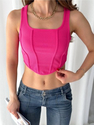 Qutta Kadın Kare Yaka Korse Görünümlü Fitilli Kadın Crop Bluz