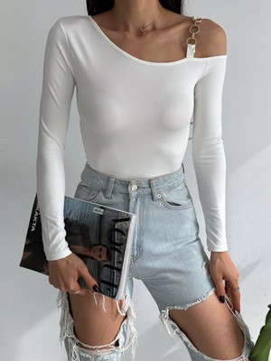 Qutta Kadın Tek Omuz Halkalı Uzun Kol Dalgıç Kumaş Crop Bluz