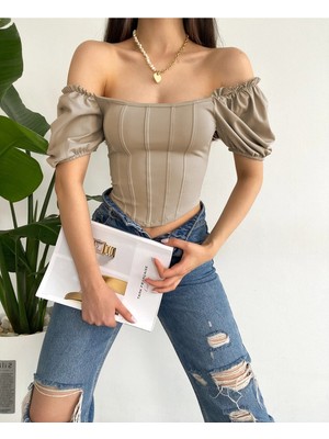 Qutta Kadın Kare Yaka Balon Kol Dalgıç Kumaş Şeritli Kadın Bluz