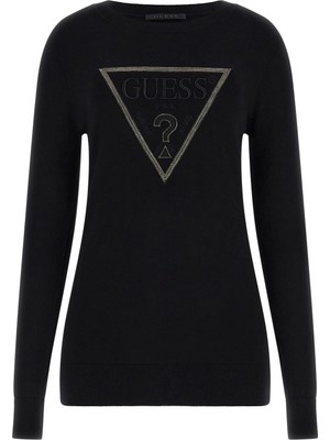 Guess Uzun Kollu Bisiklet Yaka Sasha Üçgen Logolu Triko Kadın Siyah Triko W6RR49Z2NQ2-JBLK