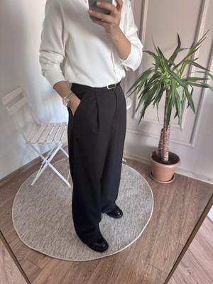 Tuğçe Fashion Tek Pile Siyah Palazzo Pantolon