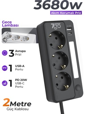 7go 7gsp1 3680W 3'lü Priz Siyah | Akım Korumalı | 20W Pd Hızlı Şarj USB | 1.9m Kablolu Akıllı LED Gece Lambalı Çoklu Priz