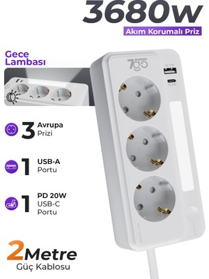 7go 7gsp1 3680W 3'lü Priz Beyaz | Akım Korumalı | 20W Pd Hızlı Şarj USB | 1.9m Kablolu Akıllı LED Gece Lambalı Çoklu Priz