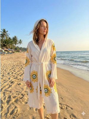 Tekstilize Güneş Desenli Müslin Bornoz Yumuşak, Hafif ve Nefes Alan Dokuma (%100 Pamuklu)