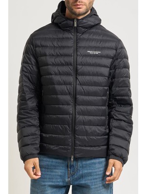 Armani Exchange Erkek Tam Kalıp Kapüşonlu Logolu Şişme Mont - Siyah