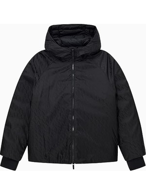 Armani Exchange Kadın Tam Kalıp Kapüşonlu Jakar Desenli Şişme Mont - Siyah