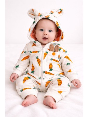 Aki Moda Kids Pamuklu Havuç Desenli Tavşan Kulaklı Kapüşonlu Bebek Tulum – Fermuarlı, Unisex