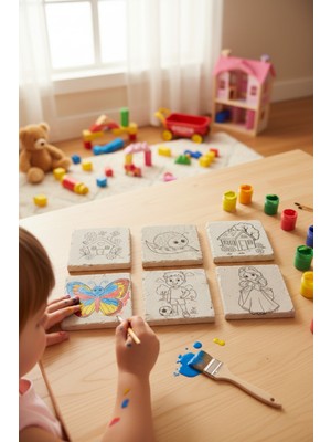 Çocuklar Için 6'lı Doğal Taş Boyama Seti 10X10 cm Beyaz Mermer Pa