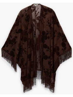 Koton Püsküllü Uzun Yarasa Kollu Floral Desenli Transparan Tül Panço