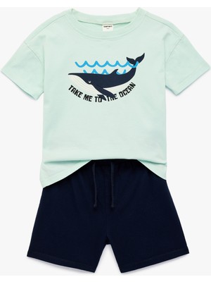 Koton Baskılı Kısa Kollu Bisiklet Yaka Pamuklu 2'li Tişört ve Şort Seti