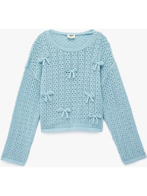 Koton Uzun Kollu Bisiklet Yaka Fiyonk Detaylı Ajurlu Triko Kazak