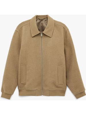 Koton Uzun Kollu Cepli Fermuarlı Gömlek Yaka Kışlık Kaşe Bomber Ceket