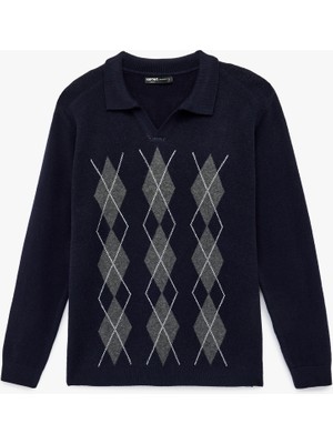 Koton Regular Fit Uzun Kollu Baklava Desenli V Yaka Polo Triko Kazak