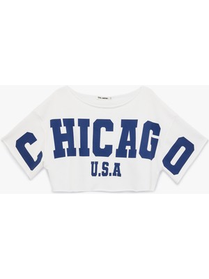 Koton Omzu Açık Kısa Kollu Pamuklu Baskılı Crop Tişört