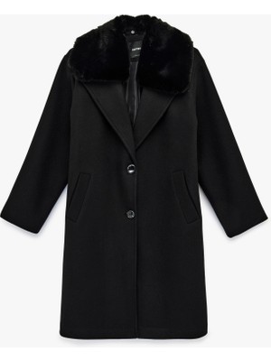 Koton Uzun Kollu Cepli Düğmeli Çıkarılabilir Suni Kürk Yaka Kaşe Kaban