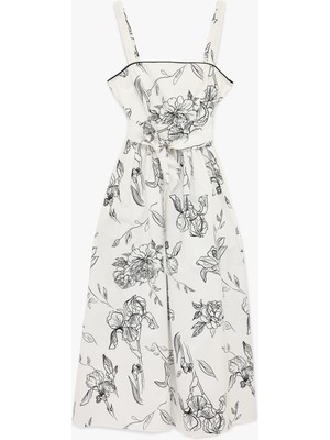 Koton Pamuklu Kuşak Detaylı Askılı Uzun Poplin Çiçekli Elbise