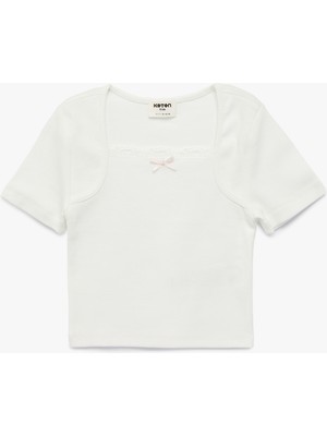 Koton Kısa Kollu Kare Yaka Pamuklu Fiyonklu Tişört