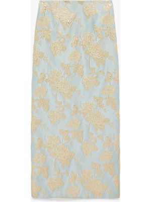 Koton Metalik Iplik Detaylı Çiçek Desenli Midi Kalem Etek