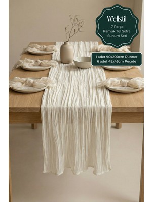 Wellstil Nuvé | 7 Parça Tül Sofra Sunum Seti, 1 Adet 90X200CM Runner ve 6 Adet 45X45CM Peçete