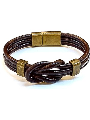 Herşey Nota Düğüm Detaylı Taba Hakiki Deri Erkek Bileklik – Eskitme Gold KILITLI-1461