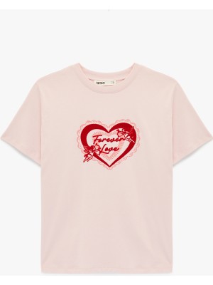 Koton Pamuklu Kısa Kollu Bisiklet Yaka Kalp Baskılı Tişört