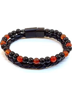 Herşey Nota Ateş Çemberi – Doğaltaşlı Siyah Deri Erkek BILEKLIK-171