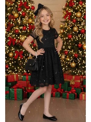 Riccotarz Kız Çocuk Üzeri Dantel Işlemeli Içi Astarlı Simli Siyah Abiye