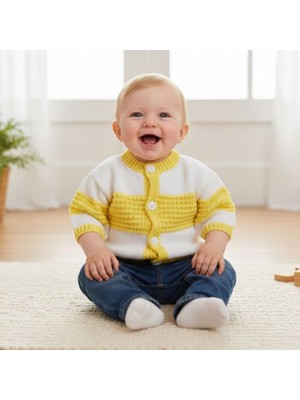 Uretti - Kadir 7704 7603 El Örgüsü Sarı ve Beyaz Çizgili Erkek Bebek Hırka / 1 Yaş