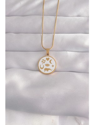 Calperia 316L Çelik Gold Renk Beyaz Mineli Karışık Figürlü Tarot Kolye
